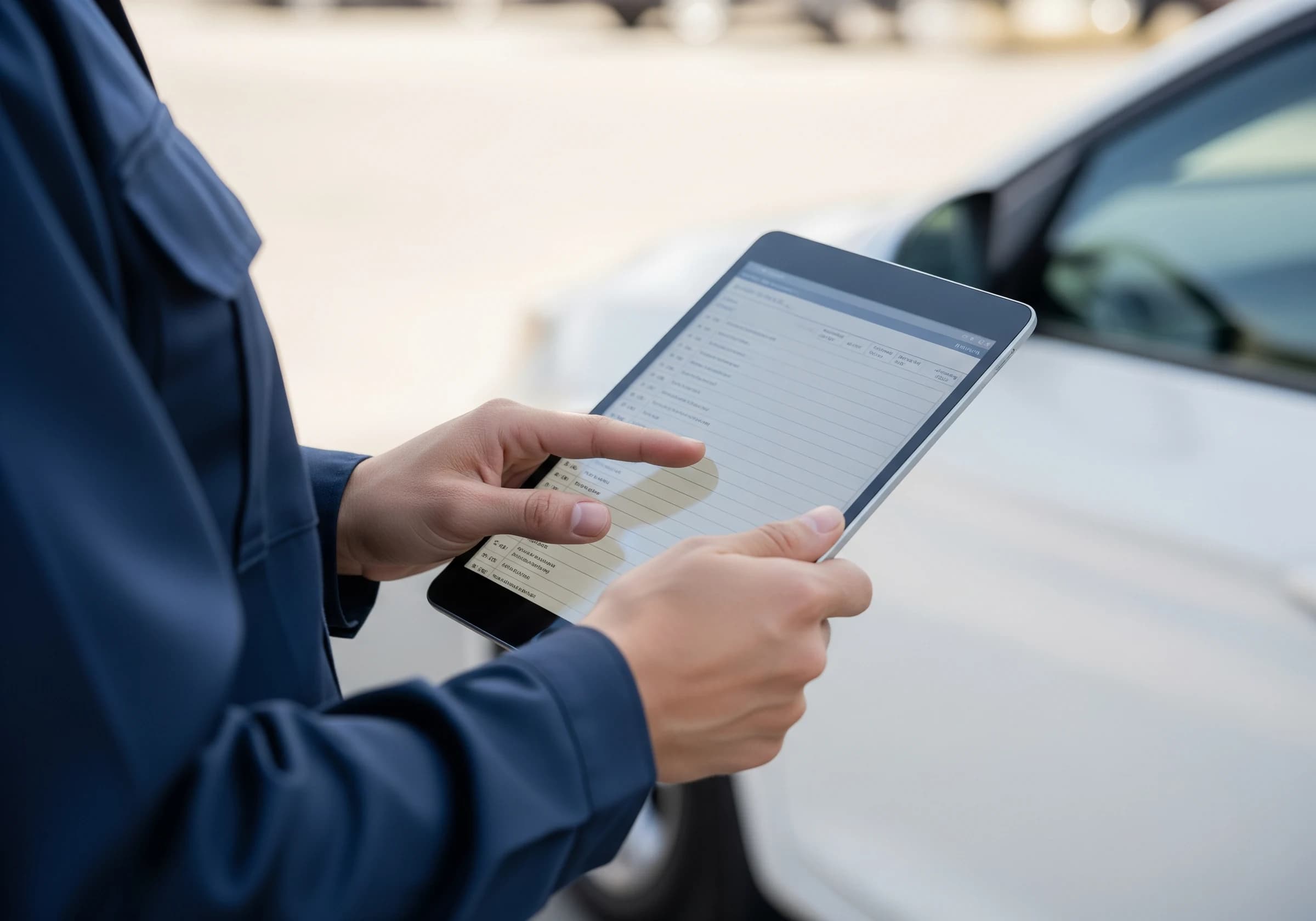 タブレットで車両を査定するスタッフ