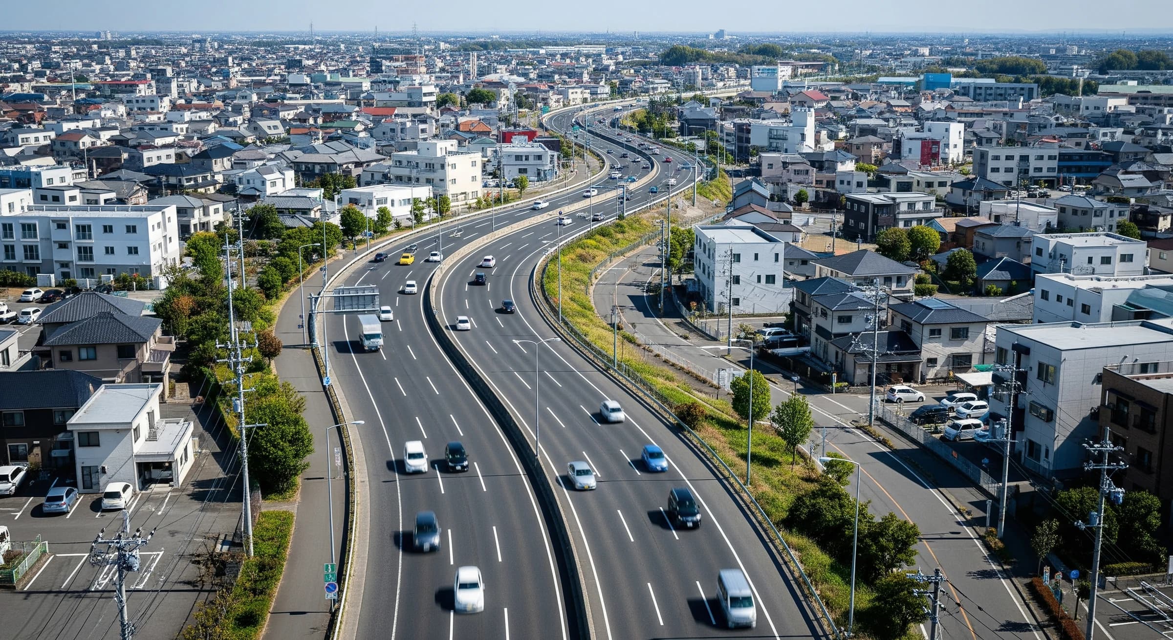 郊外を走る道路と車