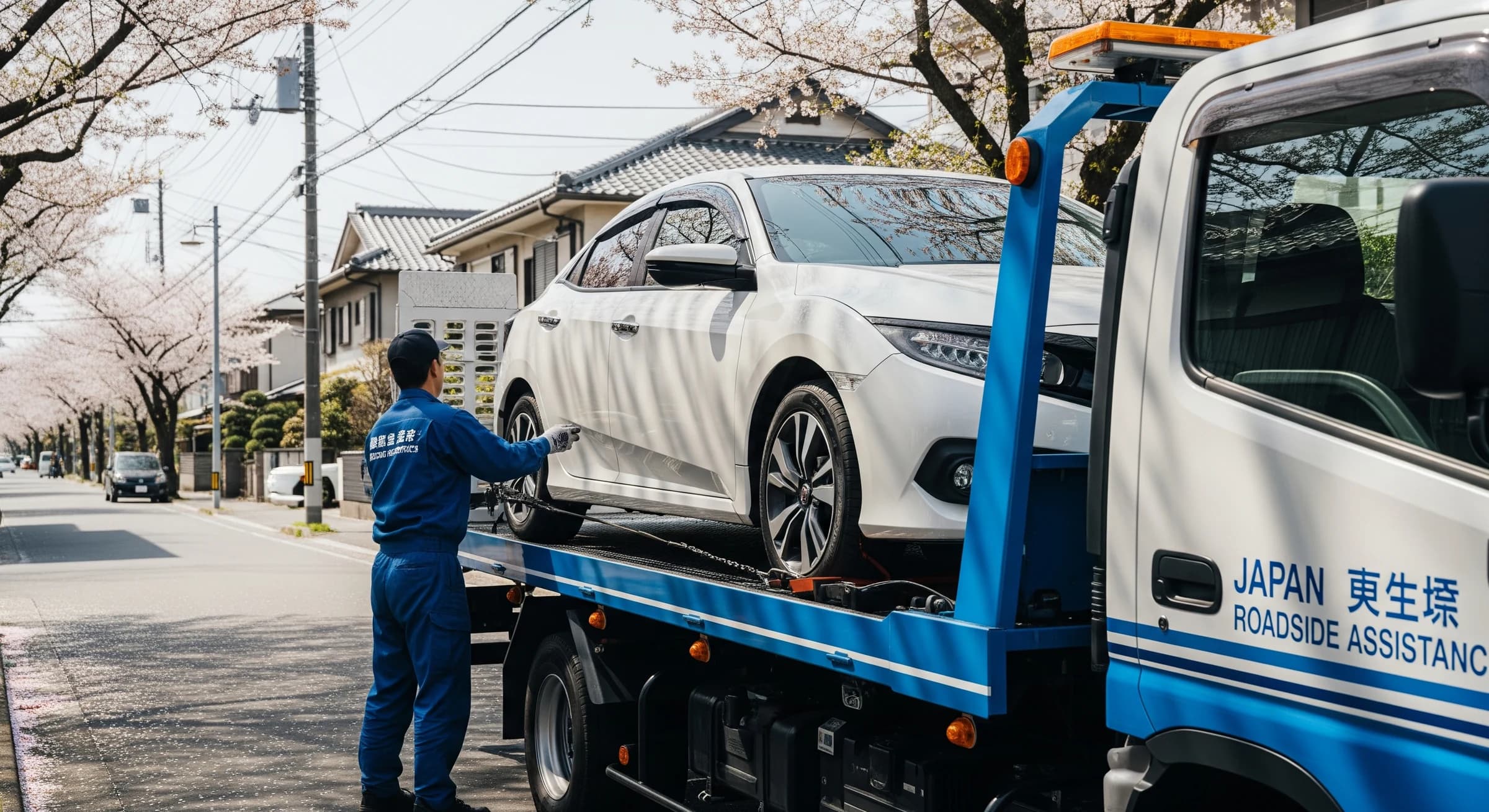 住宅街でレッカー車に積み込まれる車両