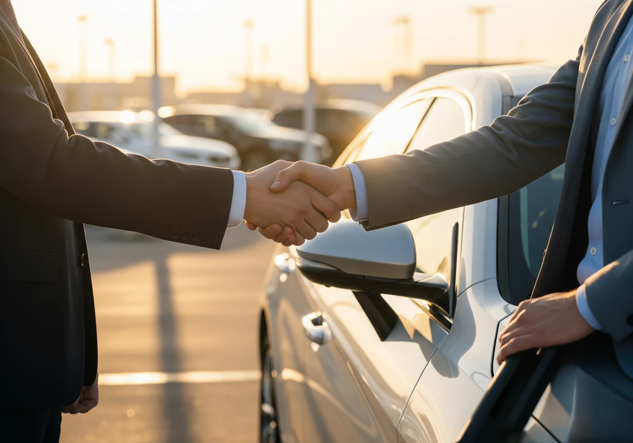 車を前にした事業者との握手
